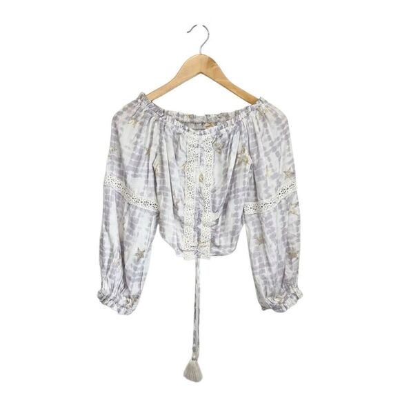 Surf Gypsy Metallic Star Print Crochet Size Small Ruched Off Shoulder Crop Top - Picture 5 of 7